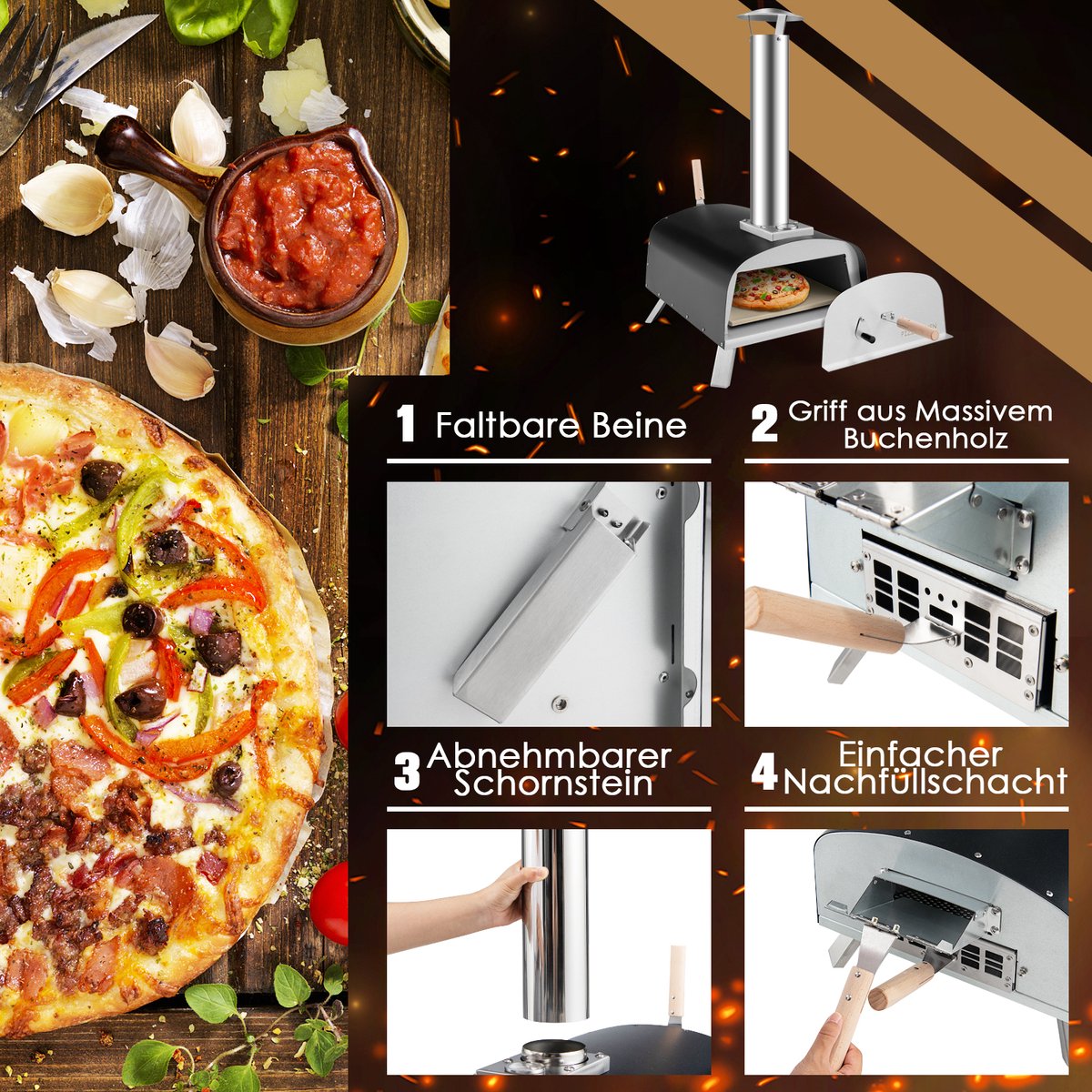 COSTWAY Draagbare Pizza Oven Gas & Hout
