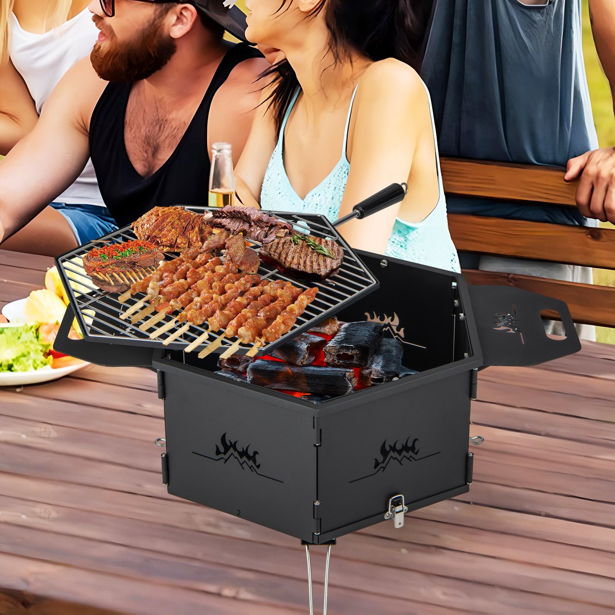 COSTWAY Houtskoolgrill 2-in-1 77x74x38 cm