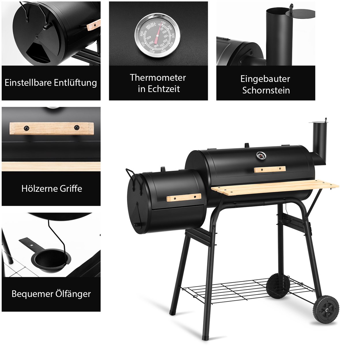 COSTWAY Houtskoolgrill met deksel en zijvuurbox