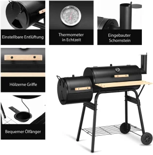 COSTWAY Houtskoolgrill met deksel en zijvuurbox