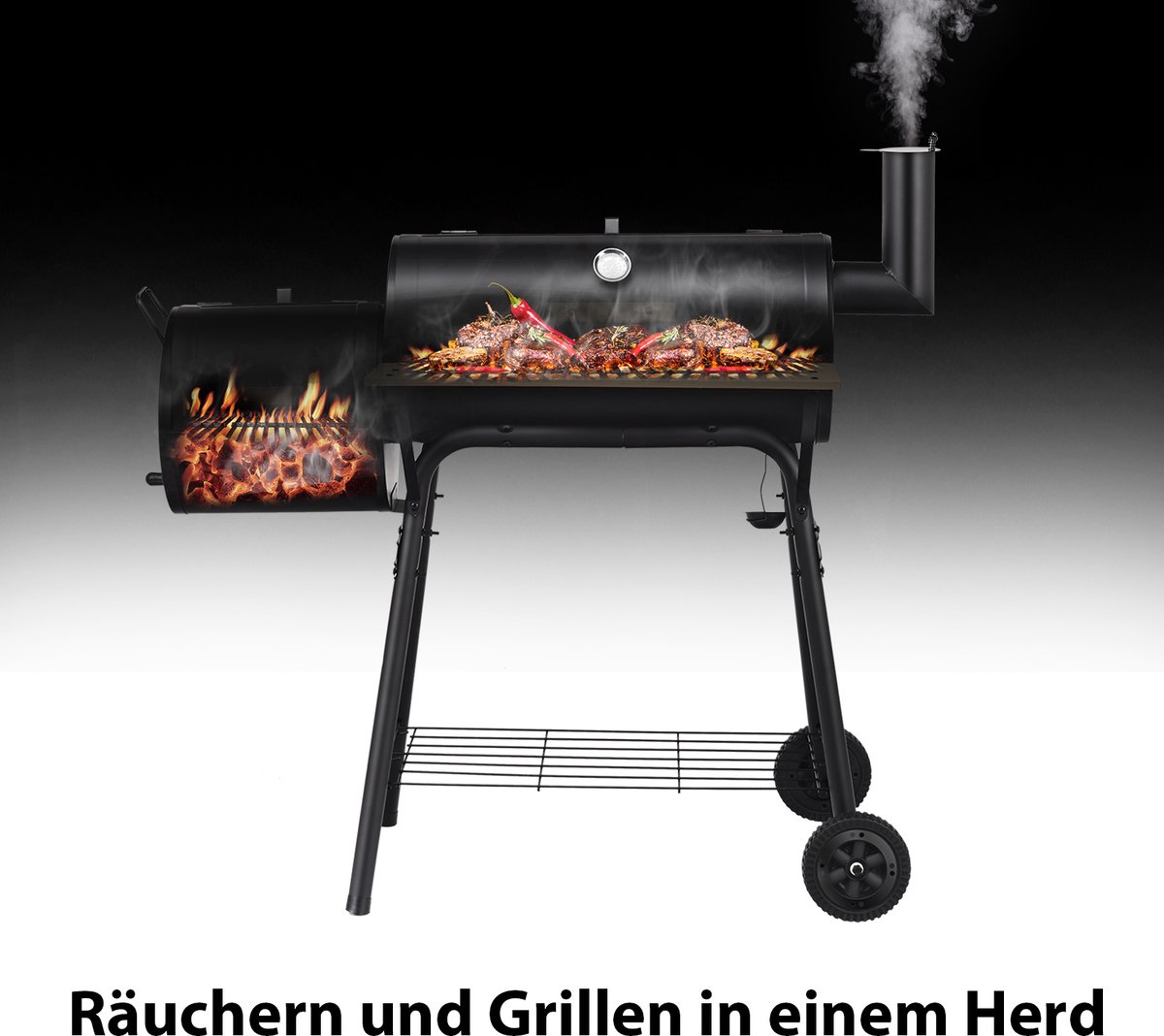 COSTWAY Houtskoolgrill met deksel en zijvuurbox