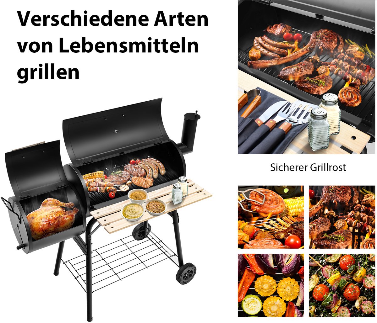 COSTWAY Houtskoolgrill met deksel en zijvuurbox