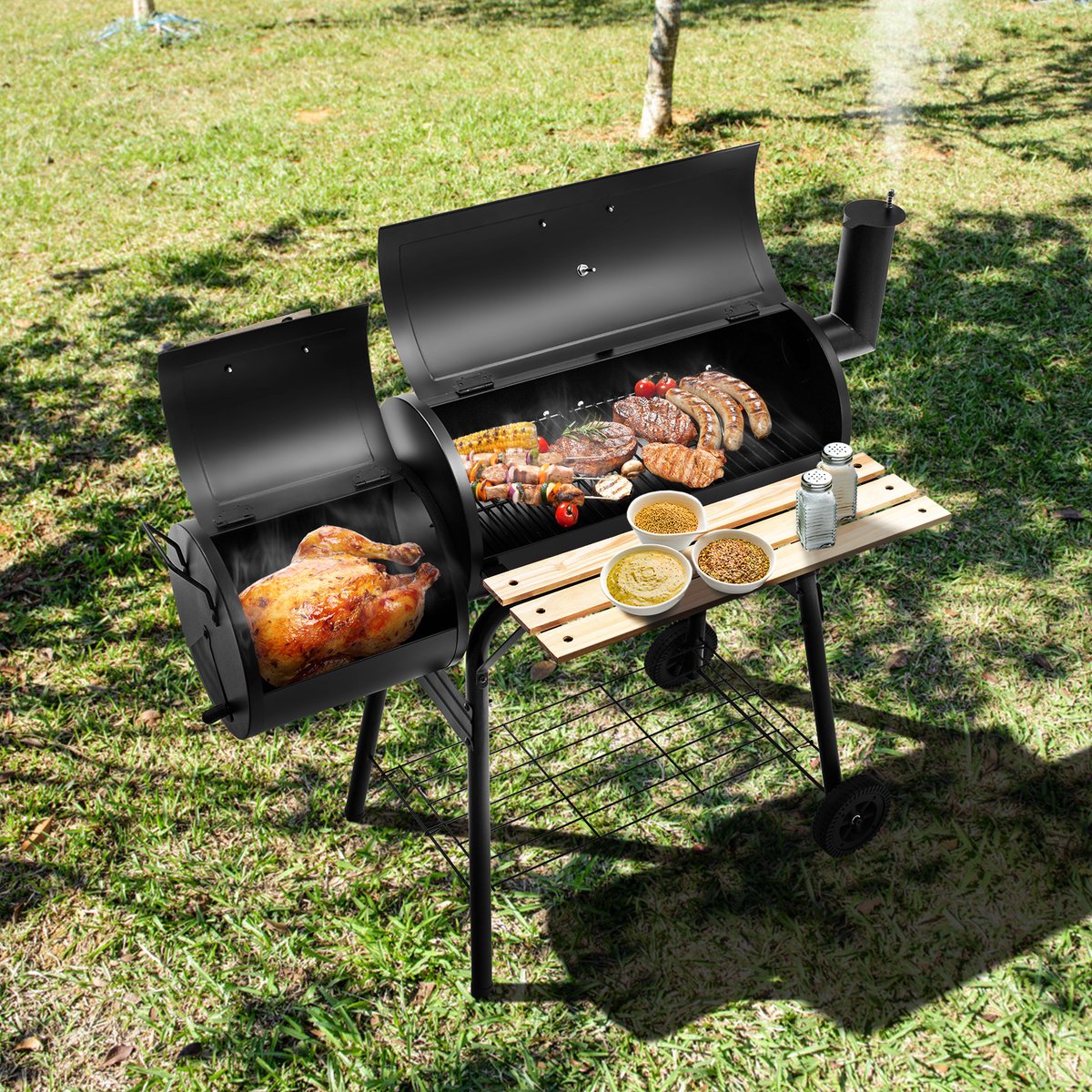 COSTWAY Houtskoolgrill met deksel en zijvuurbox