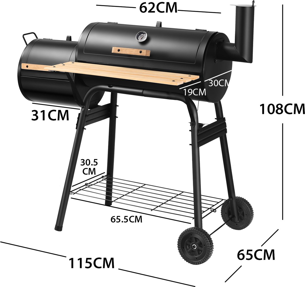 COSTWAY Houtskoolgrill met deksel en zijvuurbox
