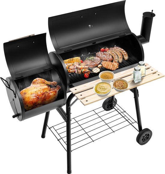 COSTWAY Houtskoolgrill met deksel en zijvuurbox