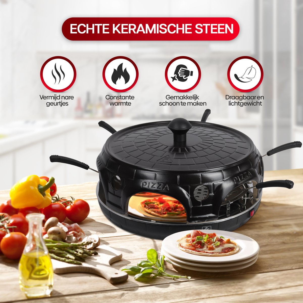 CuisineKing Pizza Oven Black Edition 6 Personen Terracotta Koepel RVS Bakplaat