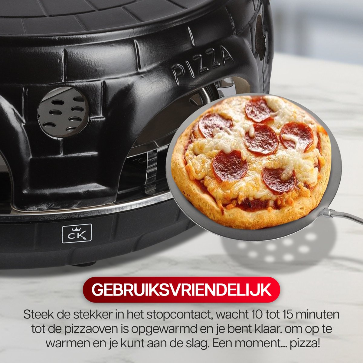 CuisineKing Pizza Oven Black Edition 6 Personen Terracotta Koepel RVS Bakplaat