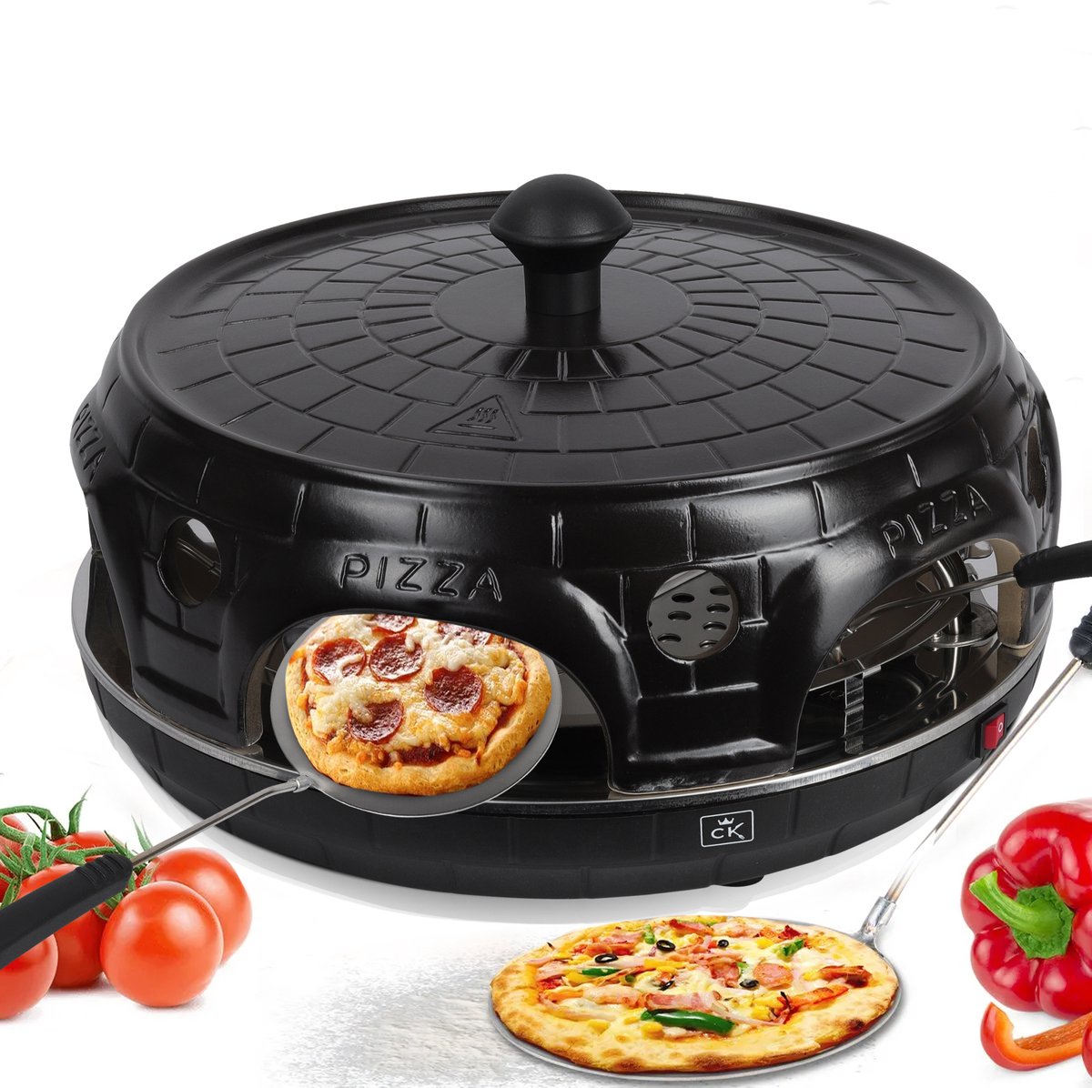 CuisineKing Pizza Oven Black Edition 6 Personen Terracotta Koepel RVS Bakplaat