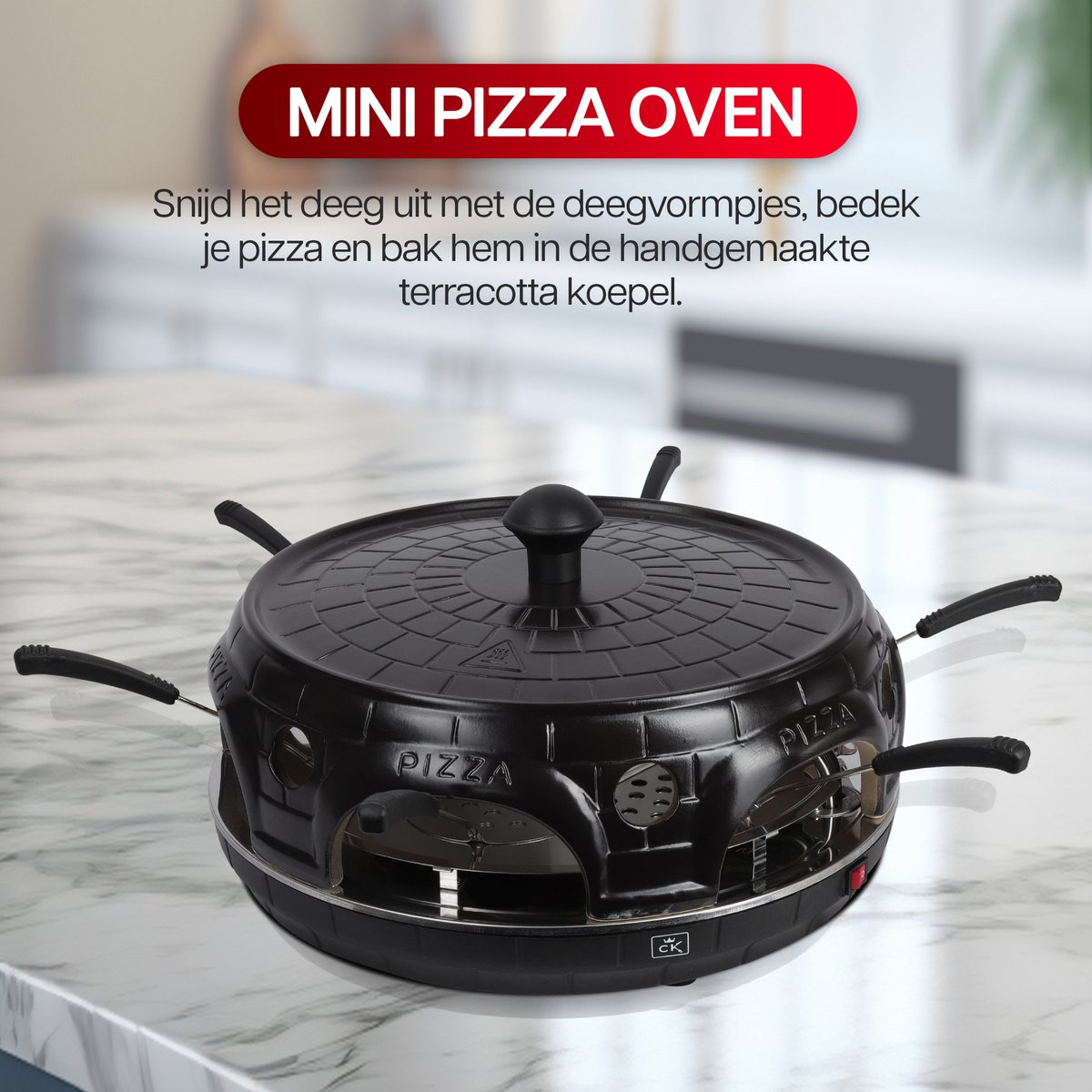CuisineKing Pizza Oven Black Edition 6 Personen Terracotta Koepel RVS Bakplaat