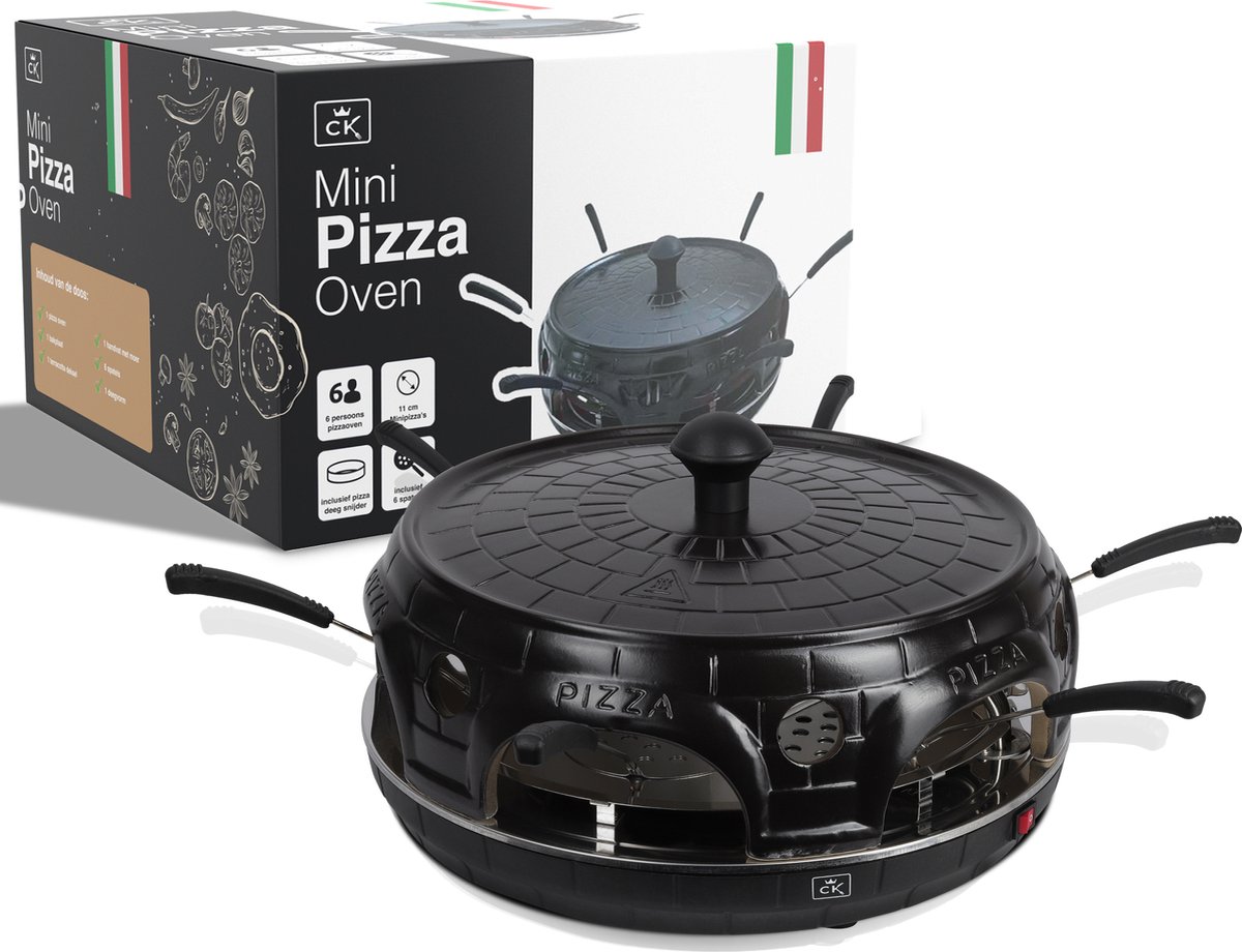 CuisineKing Pizza Oven Black Edition 6 Personen Terracotta Koepel RVS Bakplaat