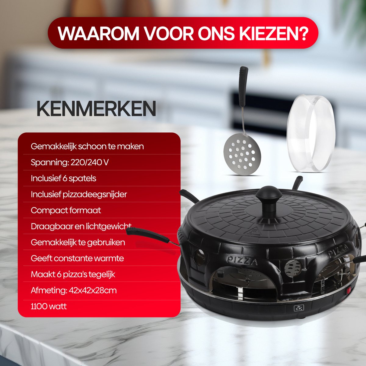 CuisineKing Pizza Oven Black Edition 6 Personen Terracotta Koepel RVS Bakplaat
