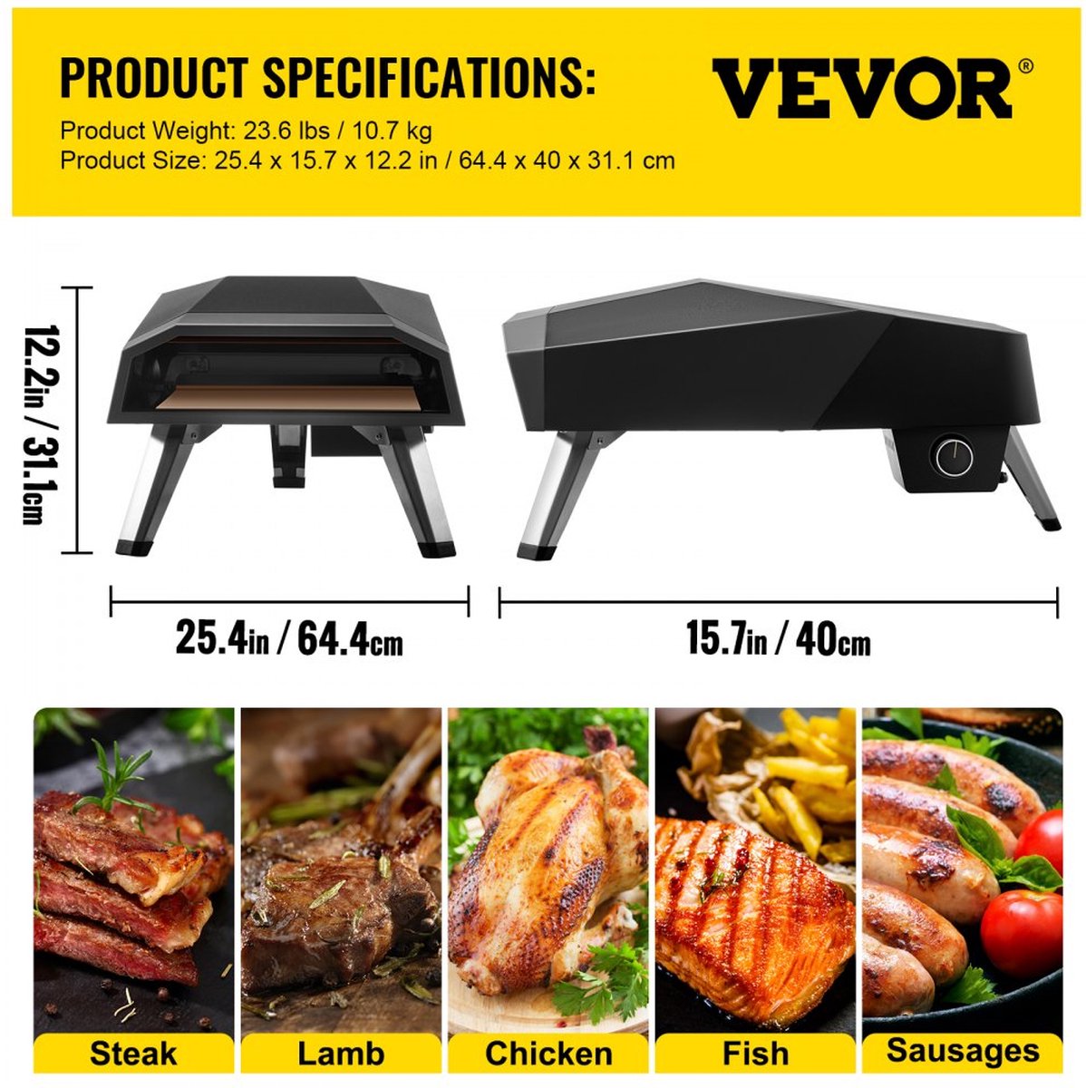 Draagbare Roestvrijstalen Gas Pizzaoven 12 inch Buiten 644,6x400x311 mm