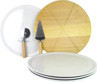 Echt houten pizzabord met snijset 33 cm wit