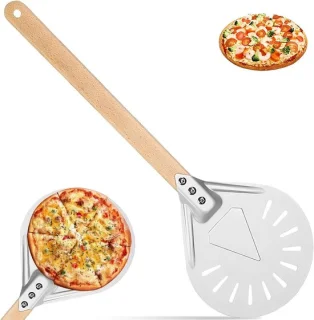 Geperforeerde pizzapaddle aluminium met houten handgreep