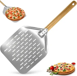 Geperforeerde pizzaschil met houten handgreep, 12 inch