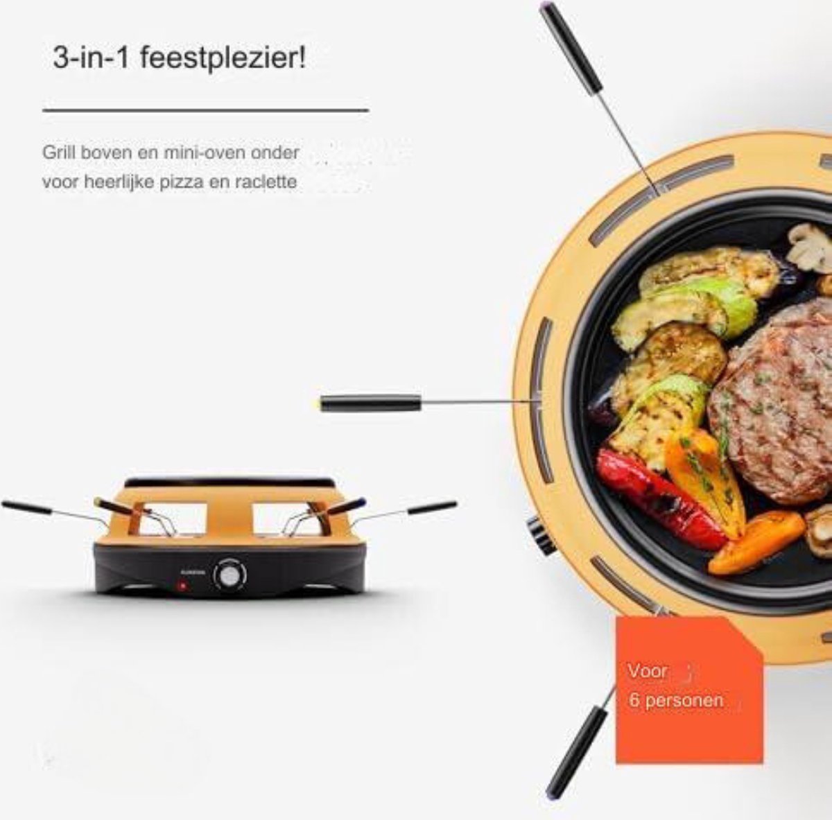 Gourmet 3-in-1 Raclettegrill met Pizzaoven voor 6 Personen