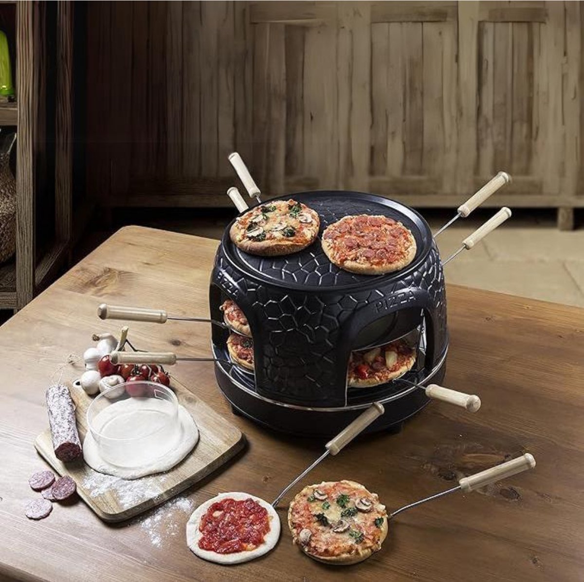 Gourmetstel 8 Personen Raclette Set met Pizzaoven Zwart
