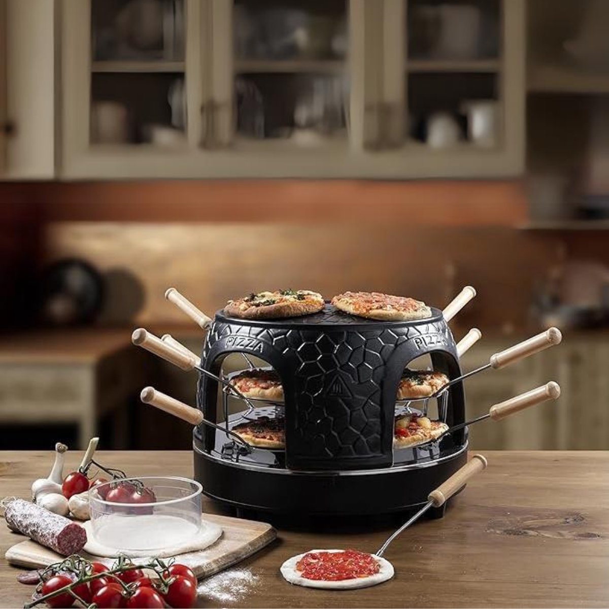 Gourmetstel 8 Personen Raclette Set met Pizzaoven Zwart