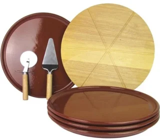 Lentz set van 4 klei pizzaborden Ø 32 cm incl. hout pizzabord