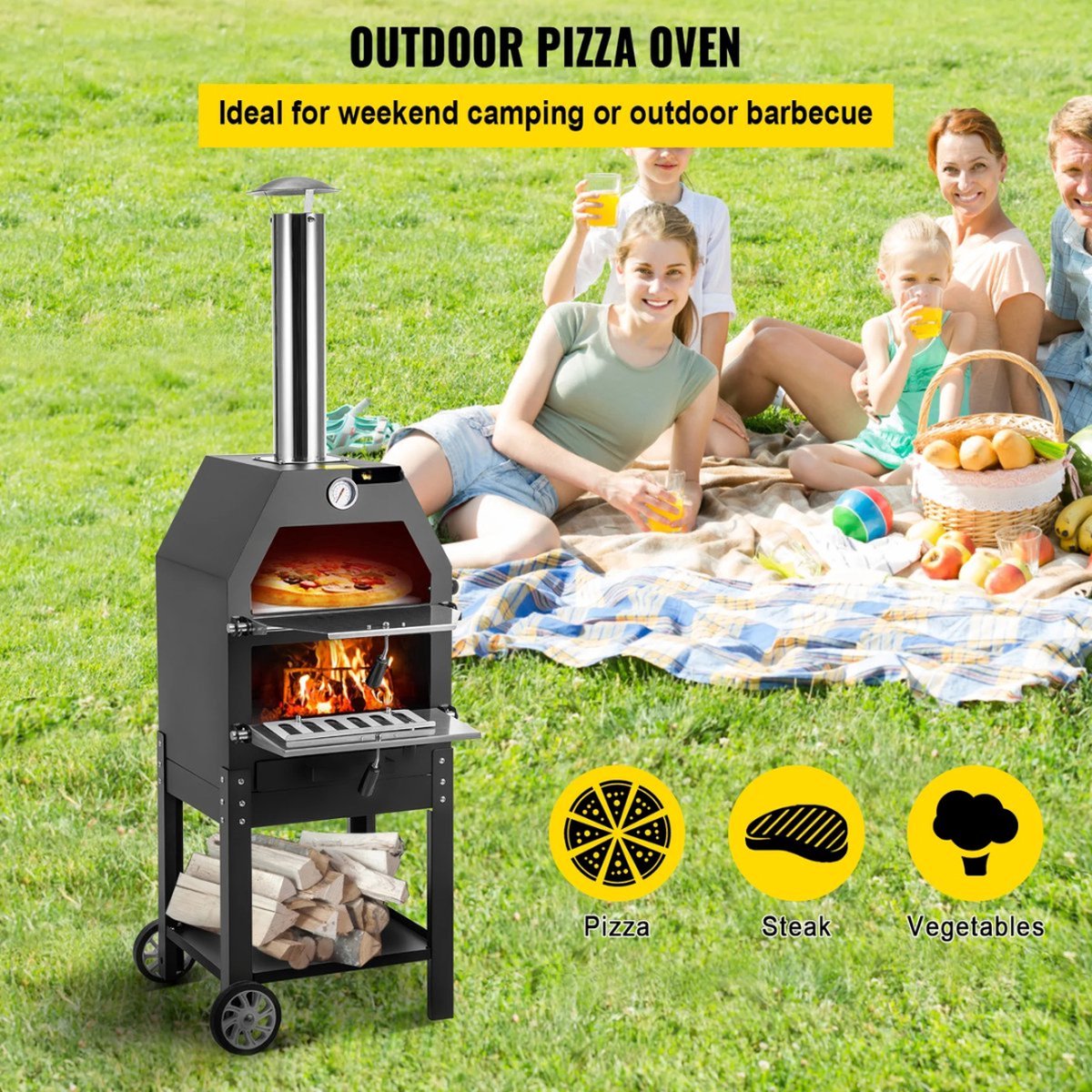 Pizza BBQ Smoker houtgestookt met wielen 40x35x141 cm