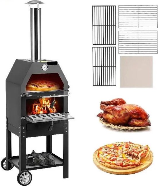 Pizza BBQ Smoker houtgestookt met wielen 40x35x141 cm