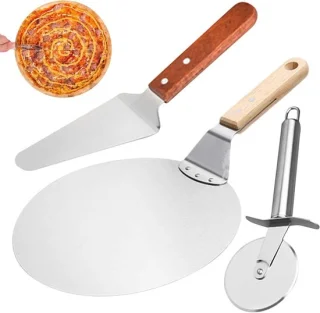 Pizza gereedschap set 3-delig met houten handvat en zilver