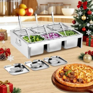 Pizza topping station met 6 bakjes - roestvrij staal