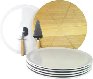 Pizzaborden set met houten plank - 6 stuks 33 cm wit