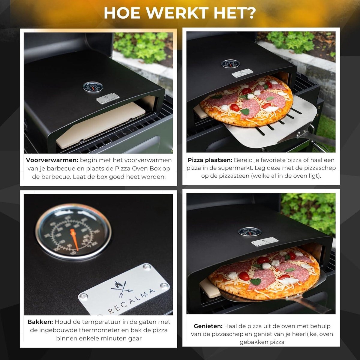 Pizzaoven BBQ Grilloven RVS met Pizzasteen en Schep Zwart