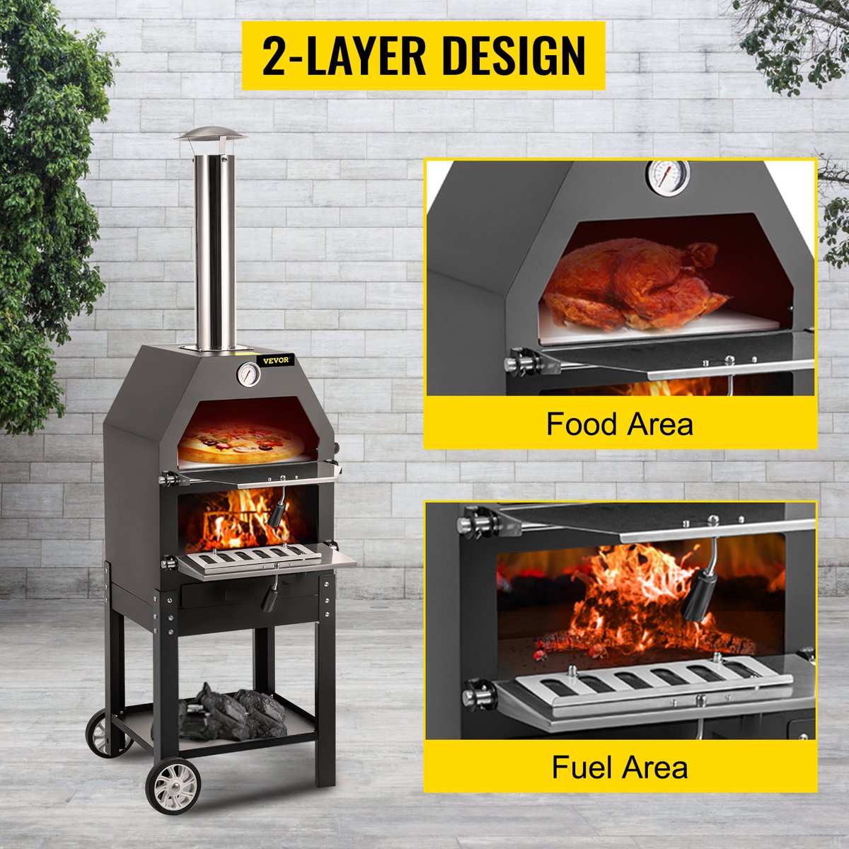 Pizzaoven Buiten 2 Laags Zwart met Wielen 40x35x142 cm