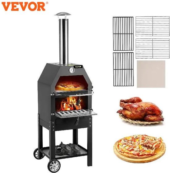 Pizzaoven Buiten 2 Laags Zwart met Wielen 40x35x142 cm