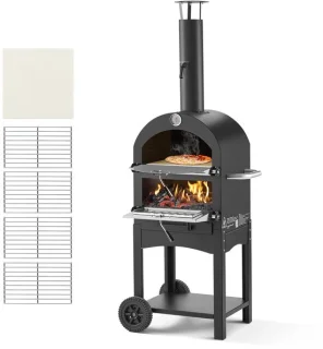 Pizzaoven buiten 30,5 cm houtgestookt met pizzasteen, thermometer en wielen – zwart