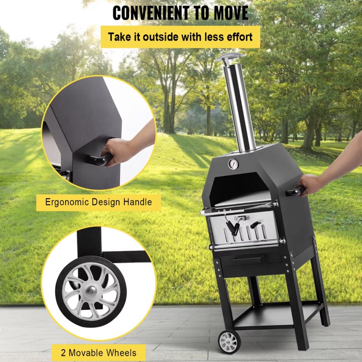 Pizzaoven Houtoven met wielen zwart 140x40x35