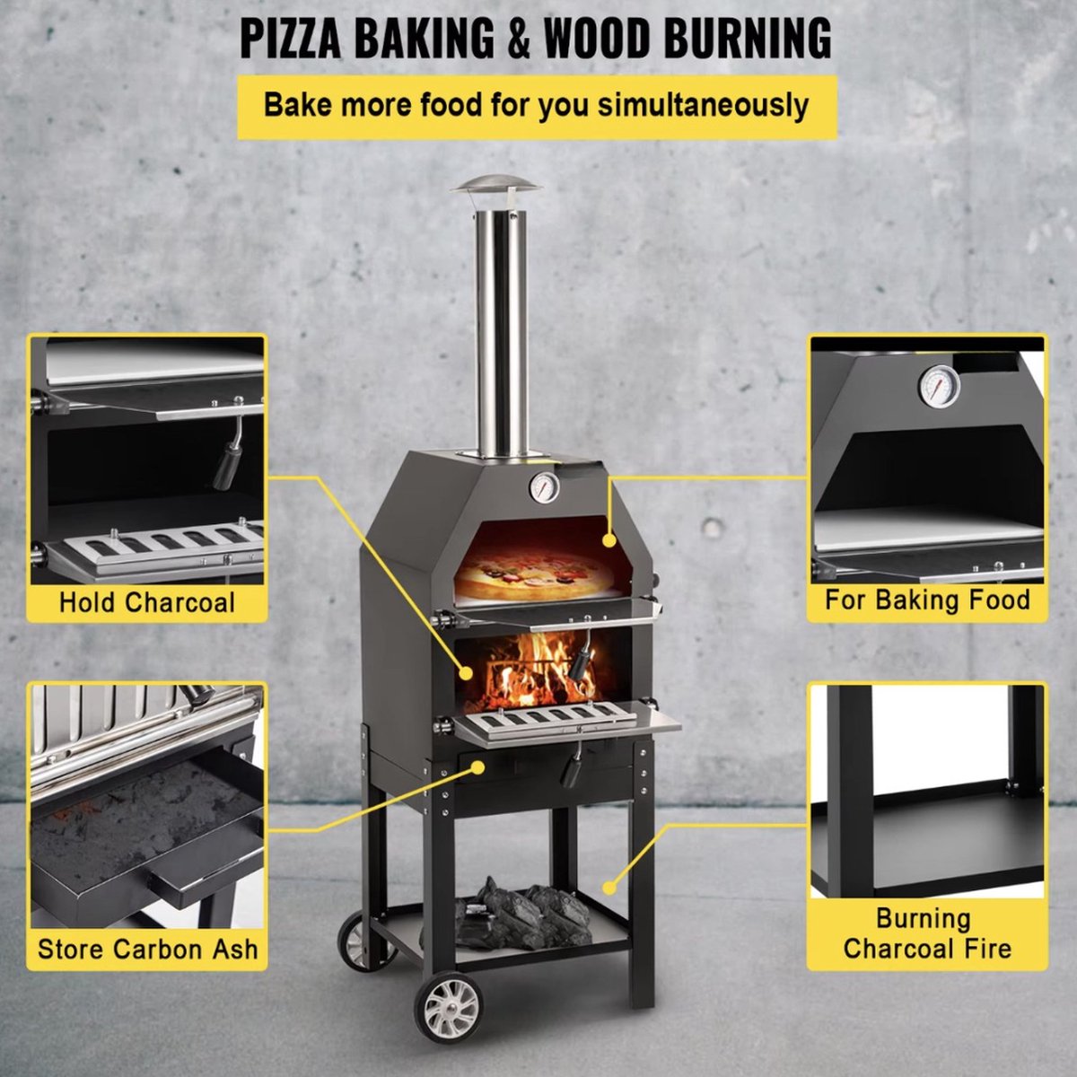 Pizzaoven Houtoven met wielen zwart 140x40x35