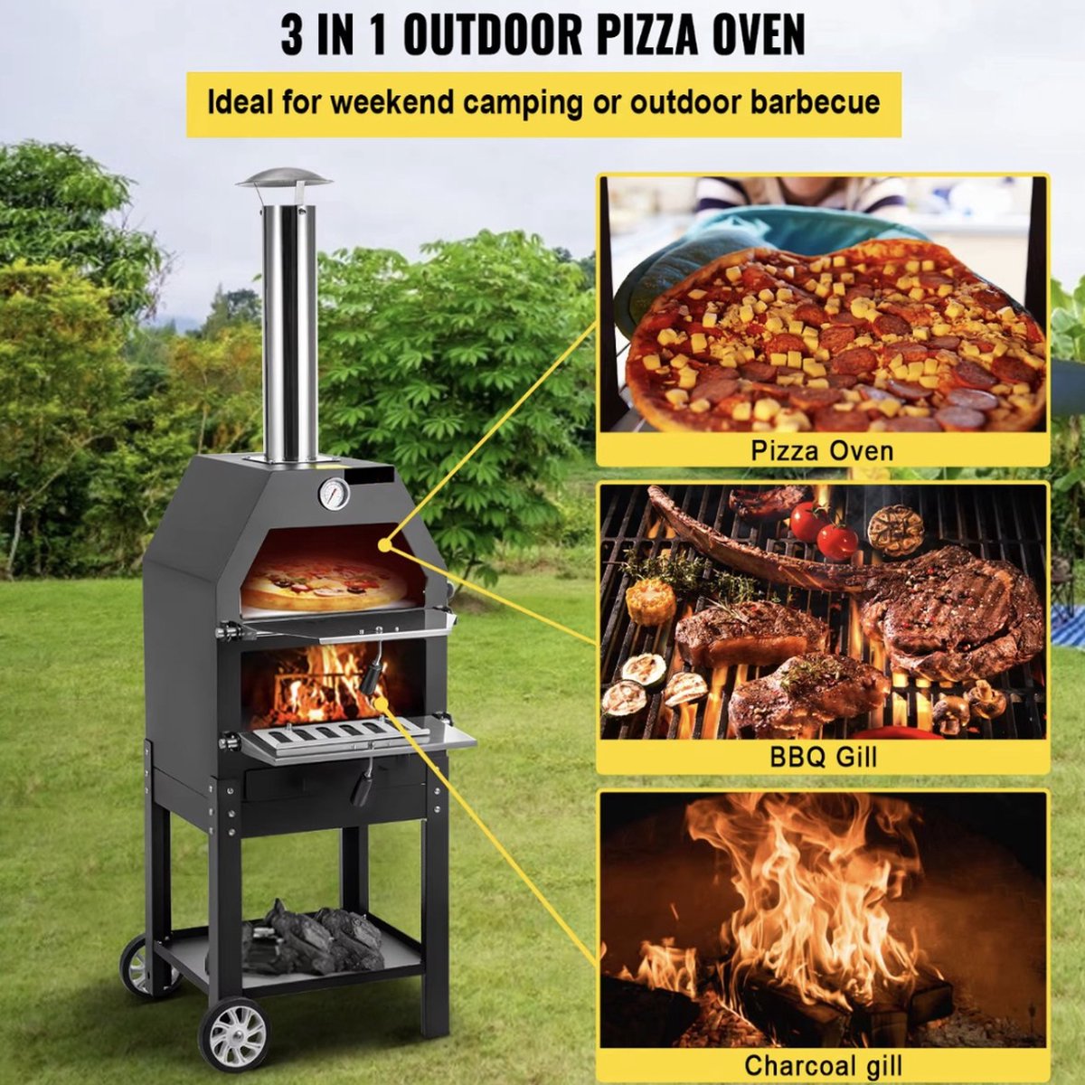 Pizzaoven Houtoven met wielen zwart 140x40x35