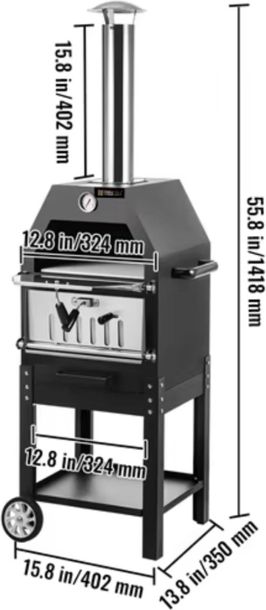 Pizzaoven Houtoven met wielen zwart 140x40x35