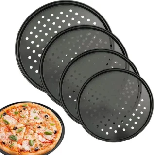 Pizzapan Set - Bakplaat Pizza - Thuis Pizza Bakken - Geperforeerde Bodem - 4-Delig - Zwart