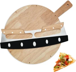 Pizzasnijder en pizzabootset van 33 cm met houten handvat en pizzasnijplank van 30,5 cm