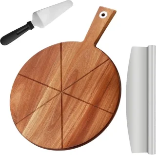 Ronde pizzaschep met snijder, acaciahouten snijplank en kaasplank