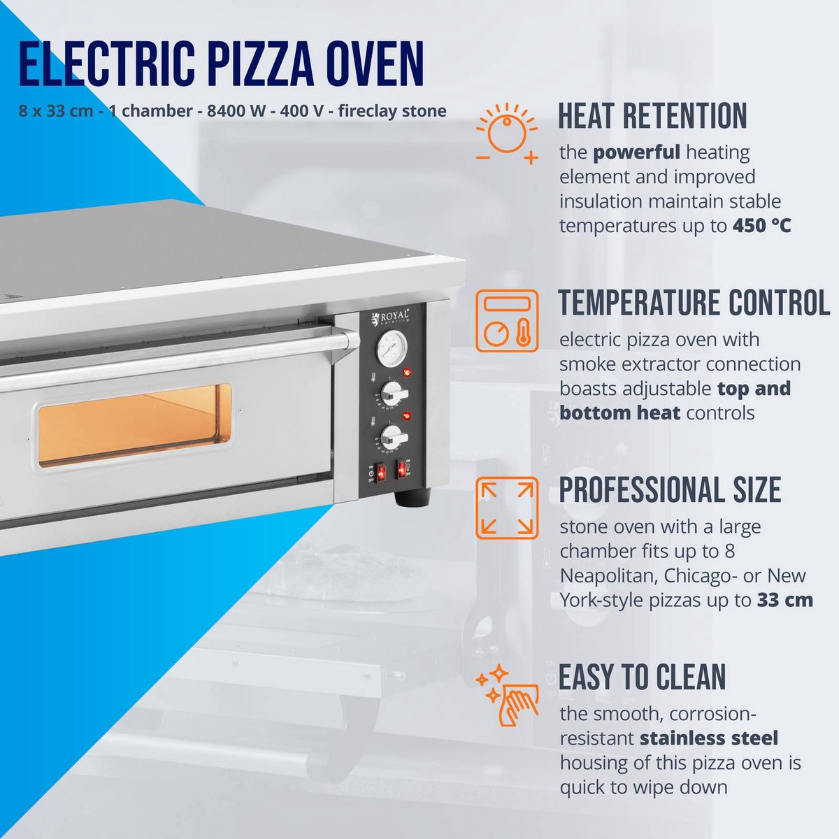 Royal Catering Elektrische Pizzaoven 8 x 33 cm 1-kamer 8400W 400V