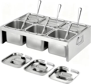 Rvs 6-compartiment pizza toppings station 6x2 liter met deksels en lepels