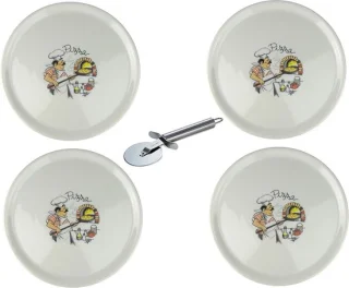 Set porseleinen pizzaborden 4-delig met pizzaroller