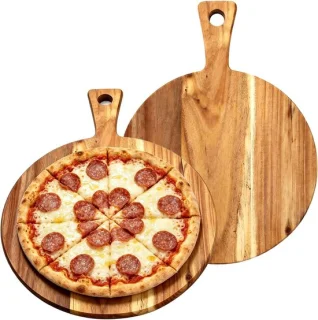 Set van 2 pizzaschalen en houten snijplank met handvat