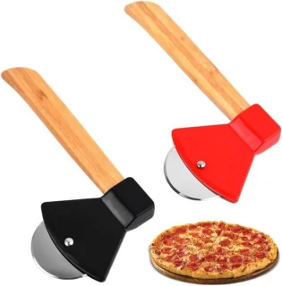 Set van 2 rvs pizzasnijders in bijlvorm met houten handvat