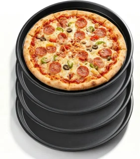 Set van 4 ronde pizzaplaten van koolstofstaal met diameter van 29 cm