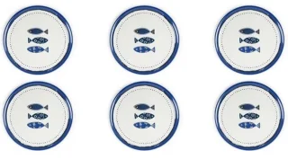 Set van 6 porseleinen pizzaborden met oceaandecor - 31,5 cm