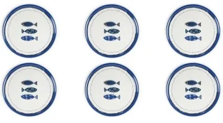 Set van 6 porseleinen pizzaborden met oceaandecor - 31,5 cm