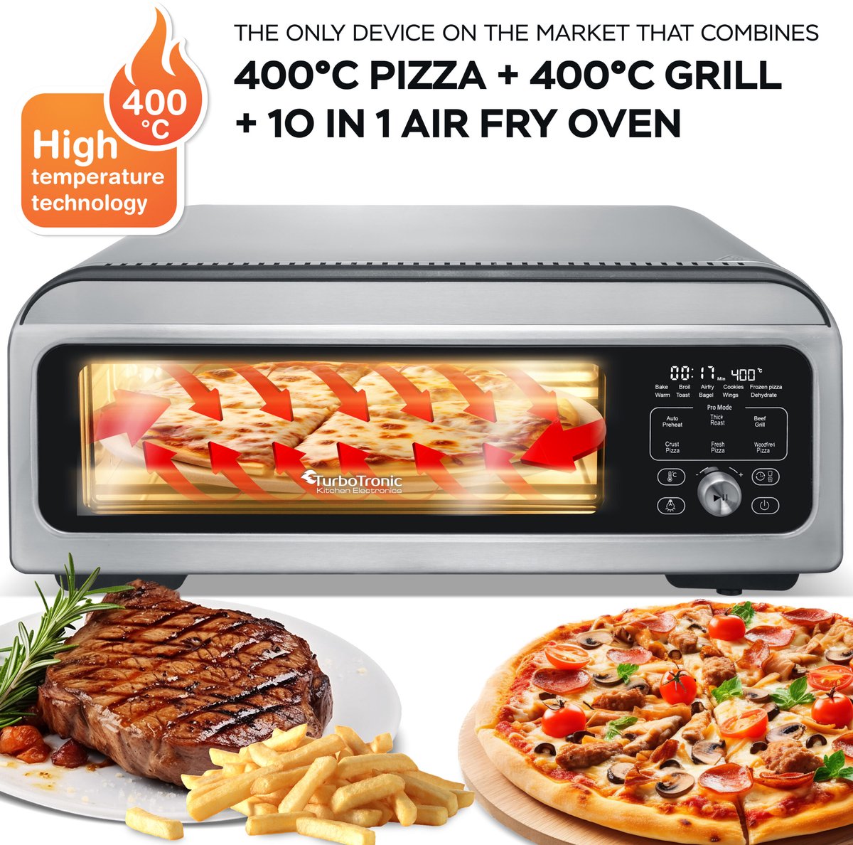 TurboTronic PO12 Pizza Oven Zilver