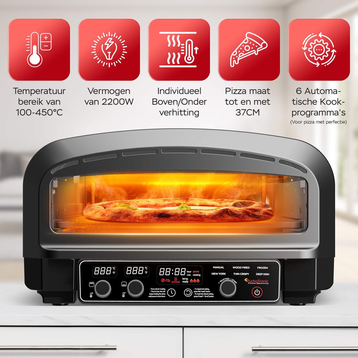 TurboTronic PO14 Elektrische Pizza Oven Zwart