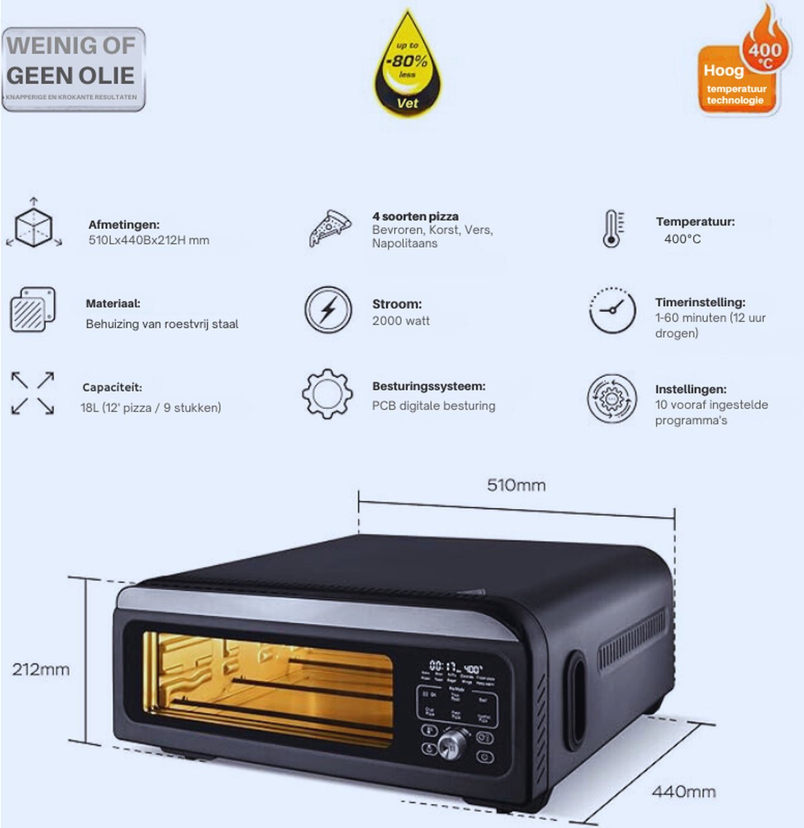Unieke Elektrische Pizzaoven 400°C Steenoven Zwart